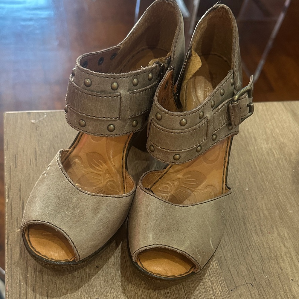 Born Taupe Open-Toe Studded Leather Heels